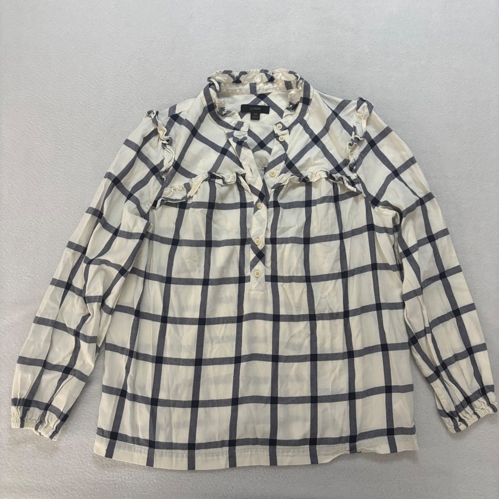 J.Crew Womens XS Ruffle Trim Windowpane Plaid Blouse Navy Cream Cotton Top